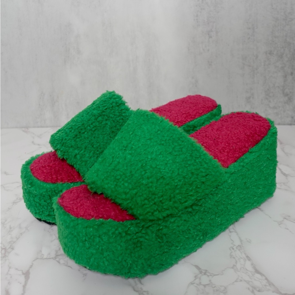 EGO Green and Pink Fuzzy Platform Slippers